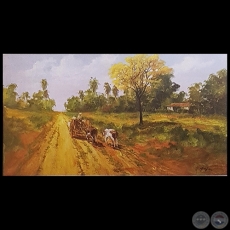 ESCENA RURAL, RANCHO, CARRETA Y LAPACHO AMARILLO - Obra de  JUAN GUERRA GAJA